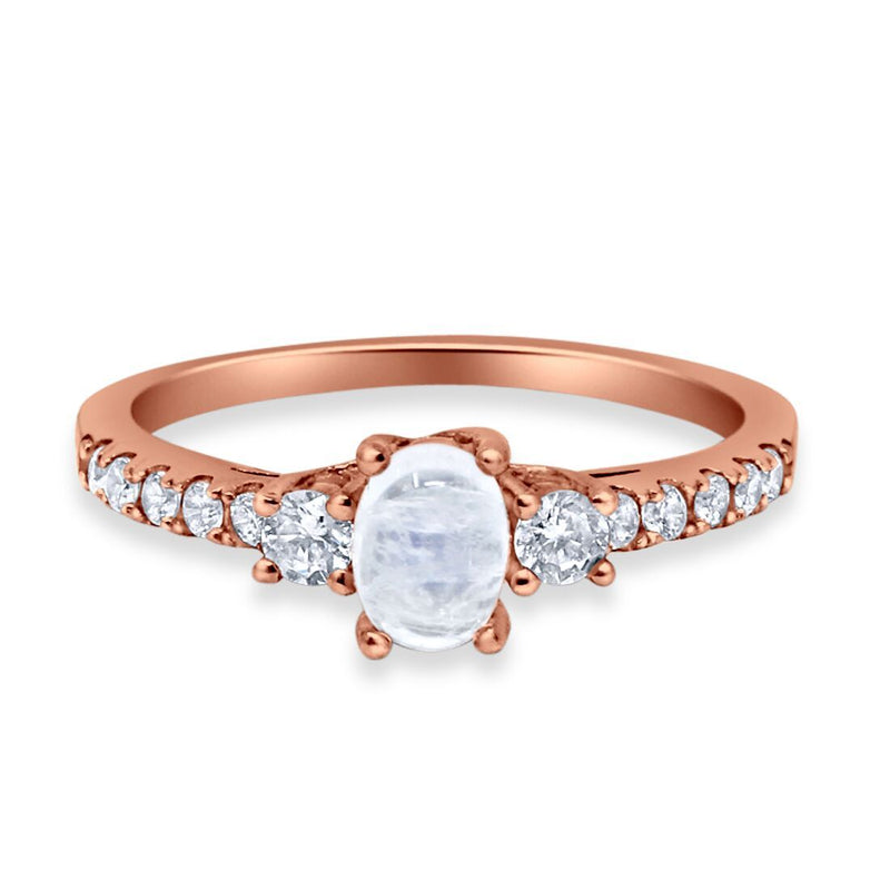 3-Stone Oval Simulated Moonstone 925 Sterling Silver Round Cubic Zirconia Choose Color