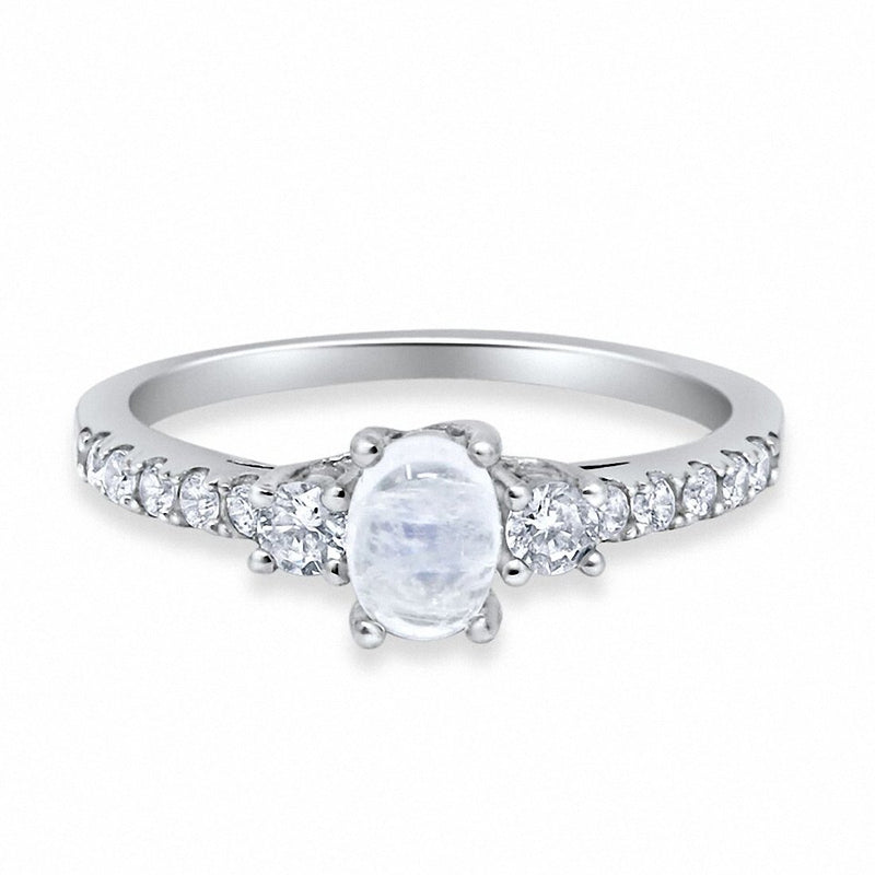 3-Stone Oval Simulated Moonstone 925 Sterling Silver Round Cubic Zirconia Choose Color