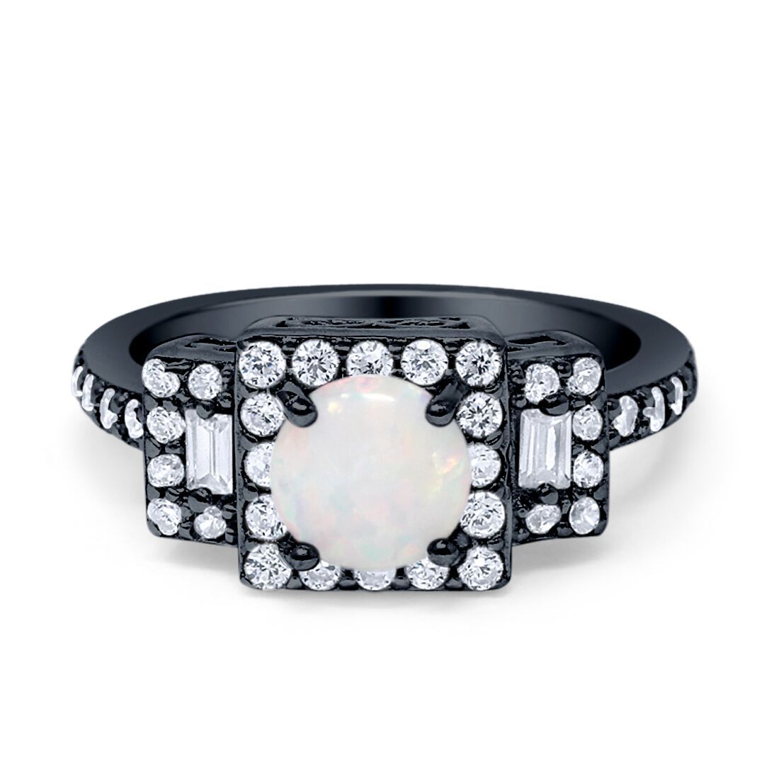Halo Wedding Engagement Ring Round Created Opal Baguette Round Cubic Zirconia 925 Sterling Silver Choose Color