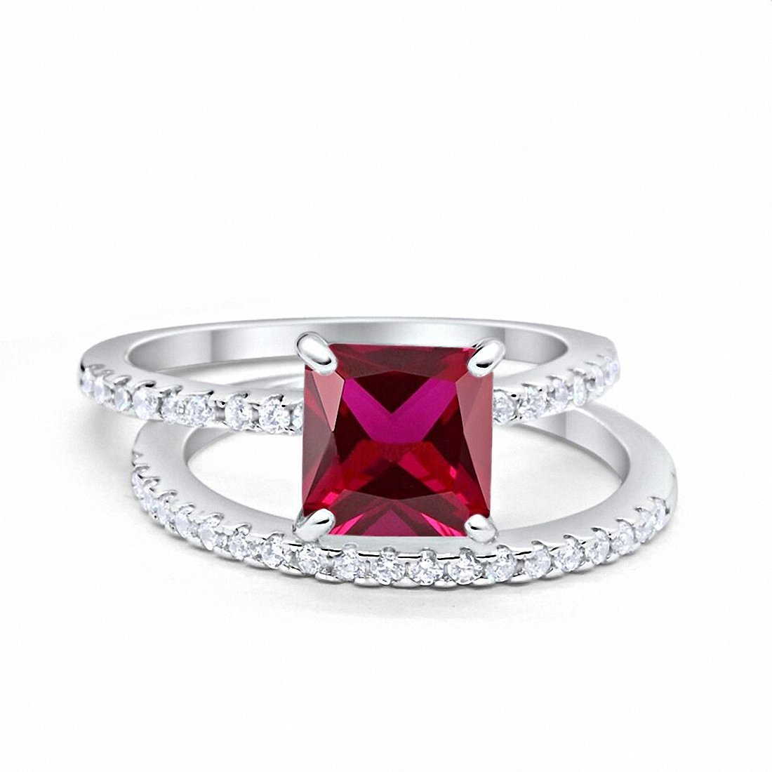 Two Piece Wedding Engagement Ring Band Asscher Cut Simulated Cubic Zirconia 925 Sterling Silver Choose Color
