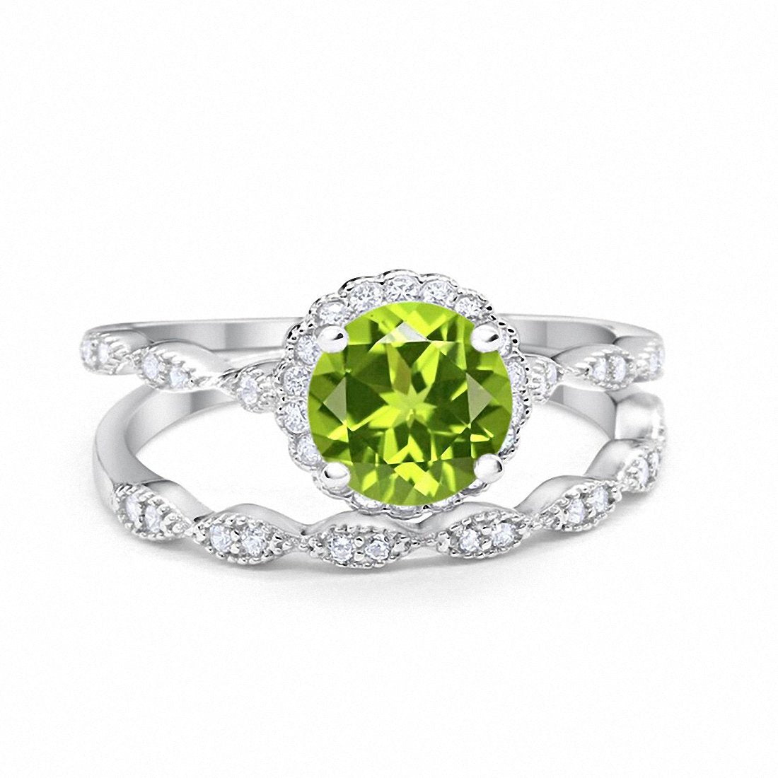 Two Piece Halo Wedding Ring Round Simulated Cubic Zirconia 925 Sterling Silver