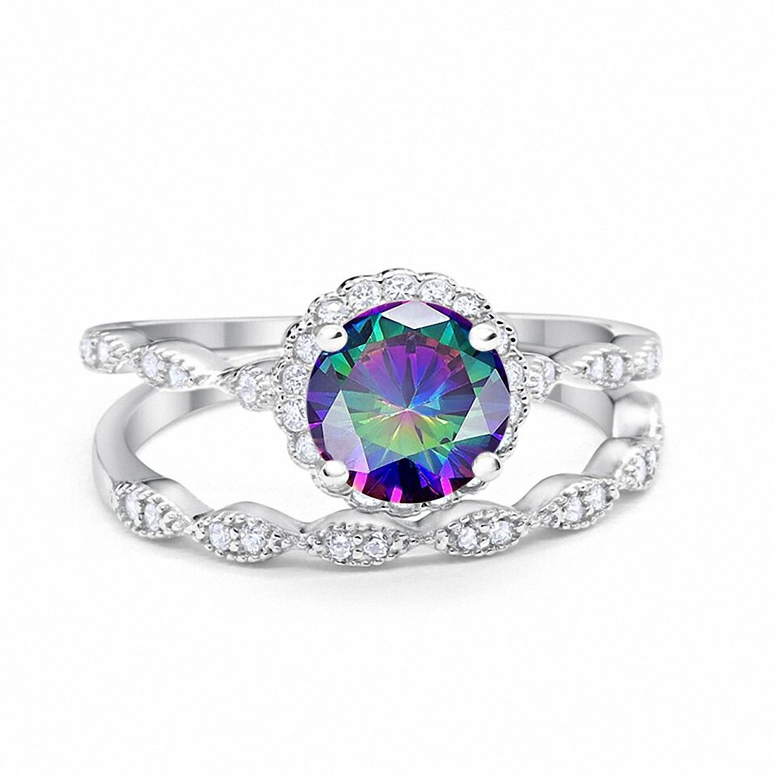 Two Piece Halo Wedding Ring Round Simulated Cubic Zirconia 925 Sterling Silver