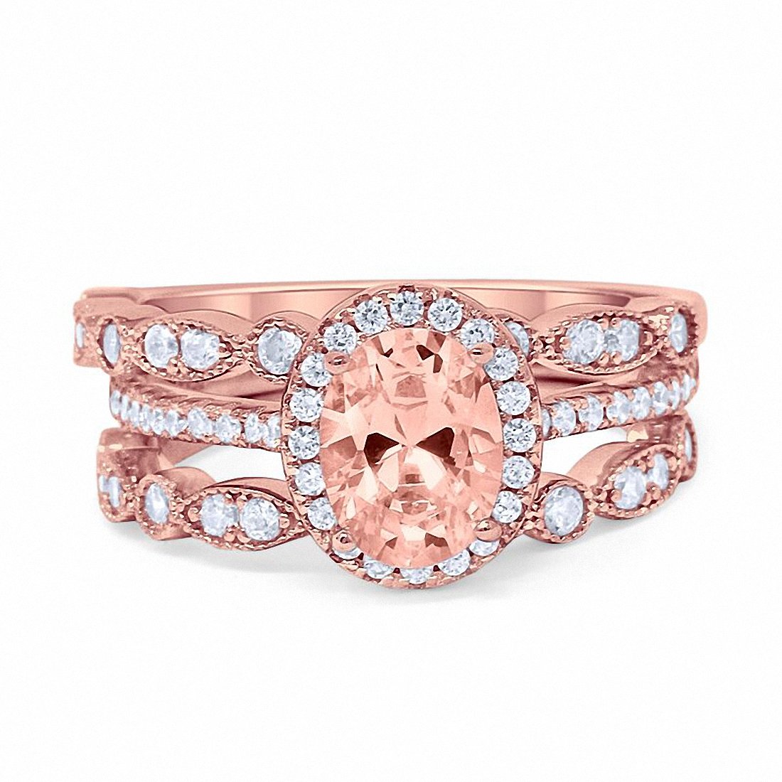 Three Piece Halo Art Deco Wedding Band Engagement Ring Oval Simulated Round Cubic Zirconia 925 Sterling Silver Choose Color
