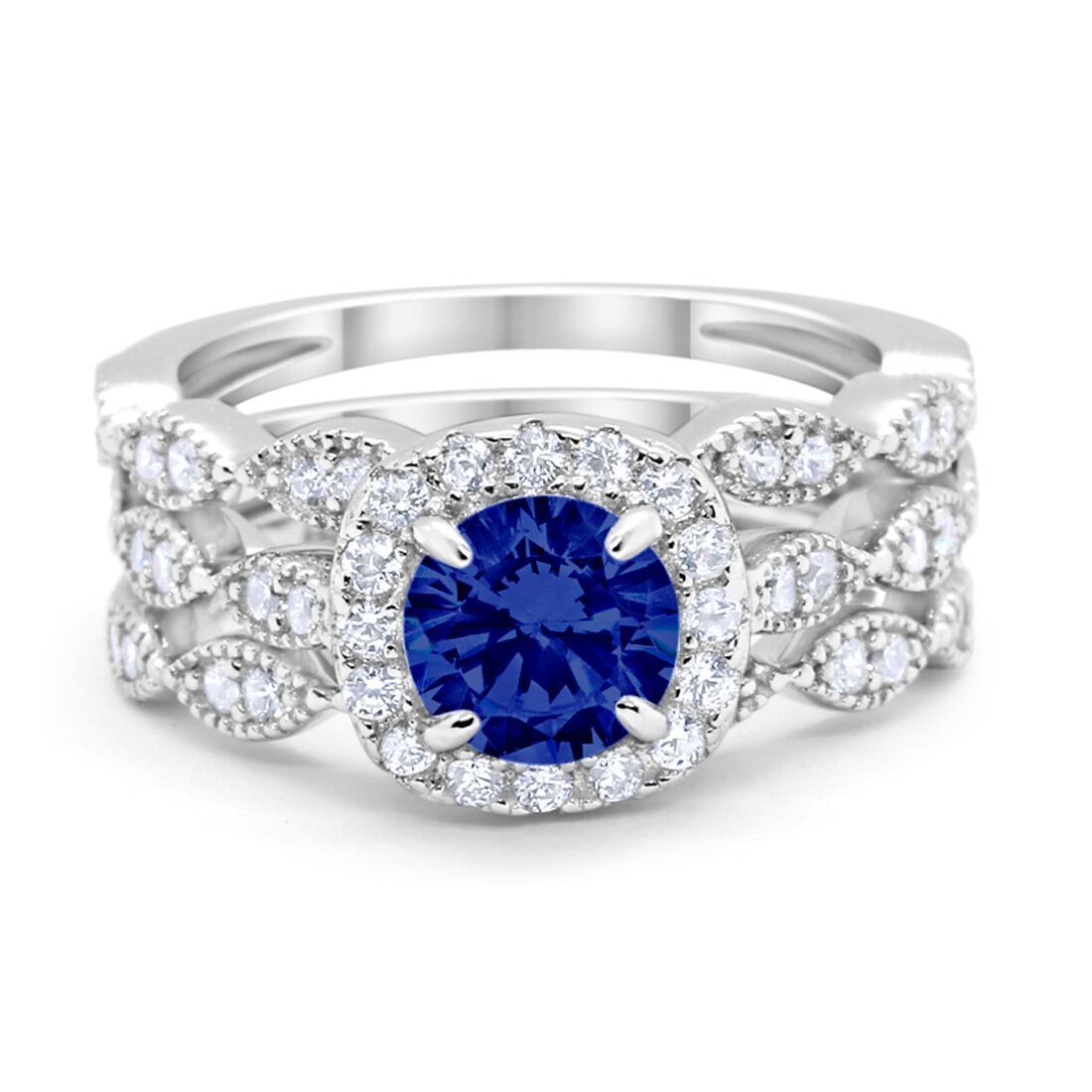 Halo Three Piece Wedding Simulated Cubic Zirconia Ring 925 Sterling Silver