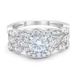 Halo Three Piece Wedding Simulated Cubic Zirconia Ring 925 Sterling Silver