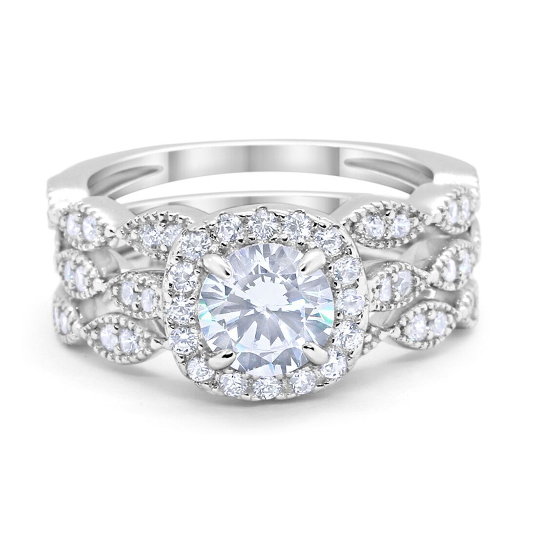 Halo Three Piece Wedding Simulated Cubic Zirconia Ring 925 Sterling Silver
