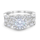Halo Three Piece Wedding Simulated Cubic Zirconia Ring 925 Sterling Silver