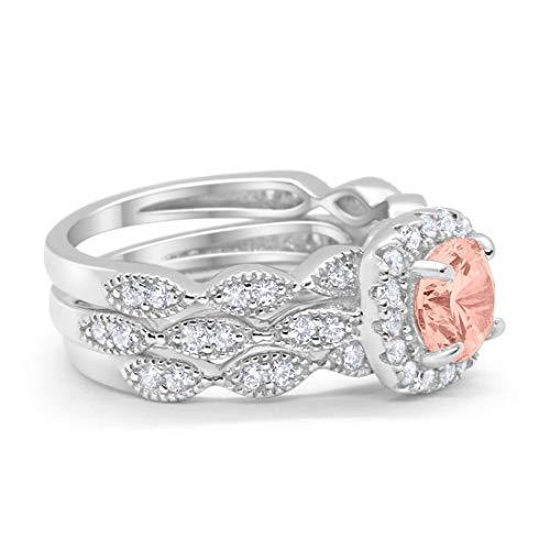 Halo Three Piece Wedding Simulated Cubic Zirconia Ring 925 Sterling Silver