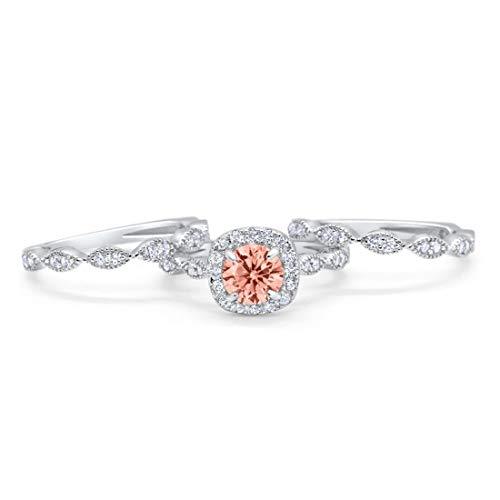 Halo Three Piece Wedding Simulated Cubic Zirconia Ring 925 Sterling Silver