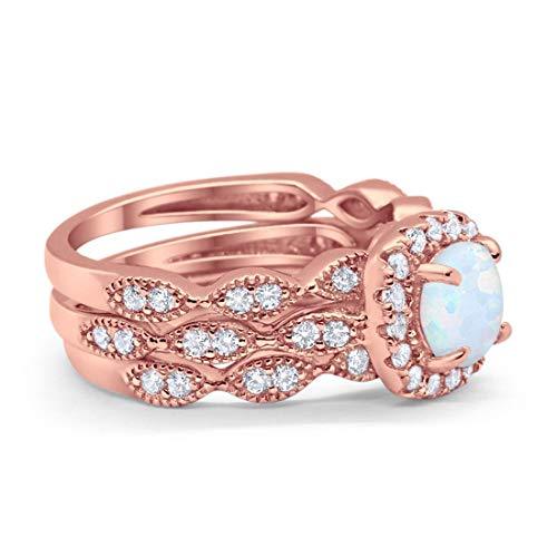 Halo Three Piece Wedding Simulated Cubic Zirconia Ring 925 Sterling Silver