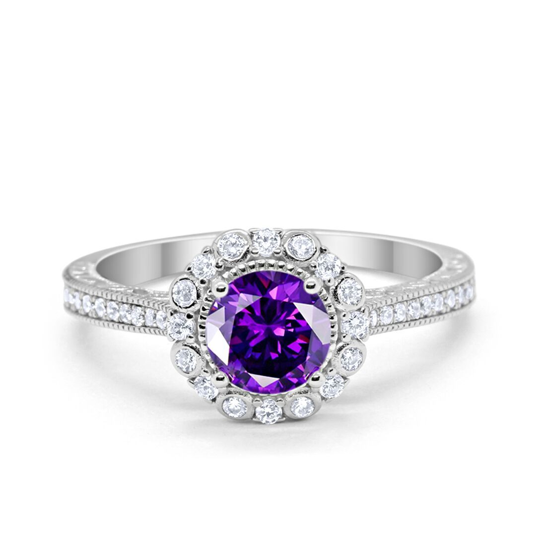 Art Deco Filigree Halo Wedding Engagement Bridal Ring Round Cubic Zirconia Solid 925 Sterling Silver Choose Color