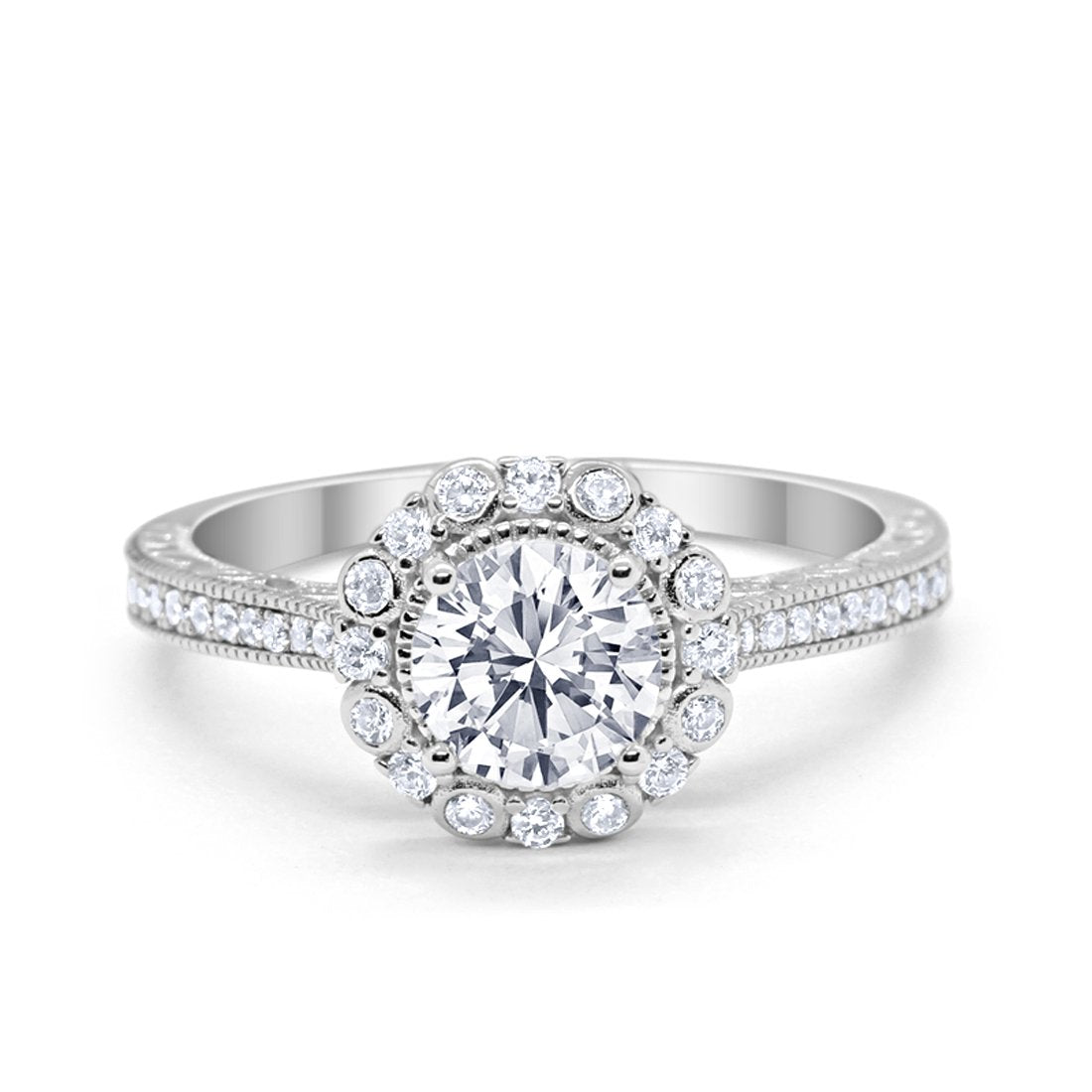 Art Deco Filigree Halo Wedding Engagement Bridal Ring Round Cubic Zirconia Solid 925 Sterling Silver Choose Color