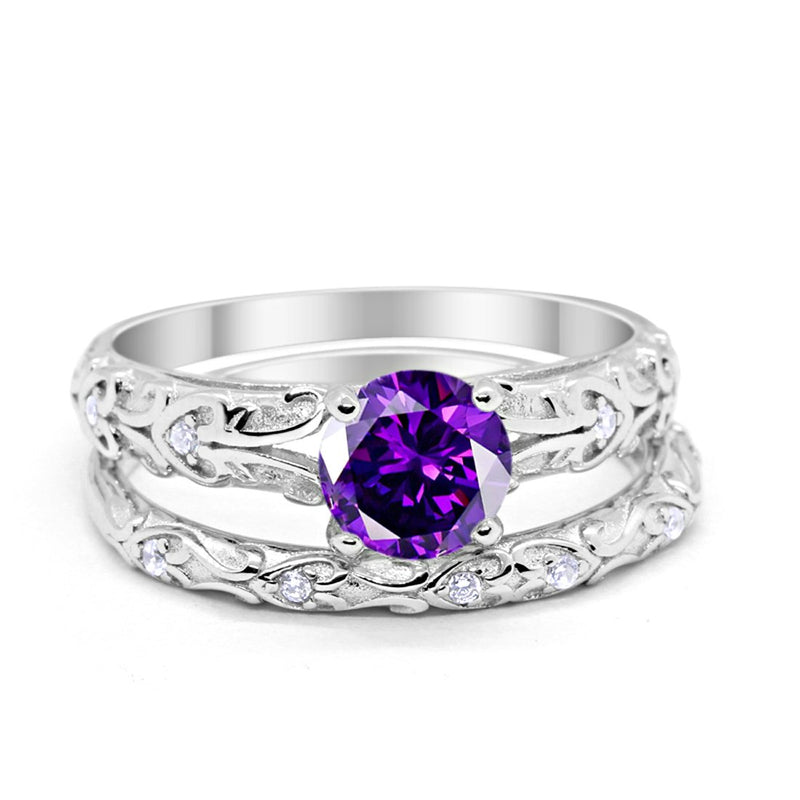 Art Deco Two Piece Engagement Ring Round Simulated CZ 925 Sterling Silver