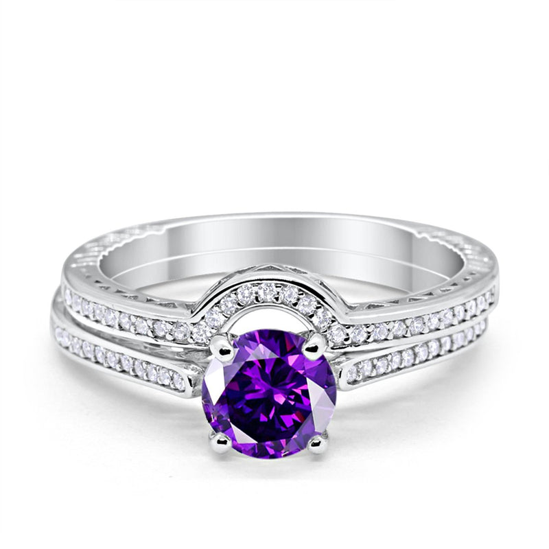Filigree Two Piece Wedding Engagement Ring Art Deco Bridal Set Round Cubic Zirconia 925 Sterling Silver Choose Color