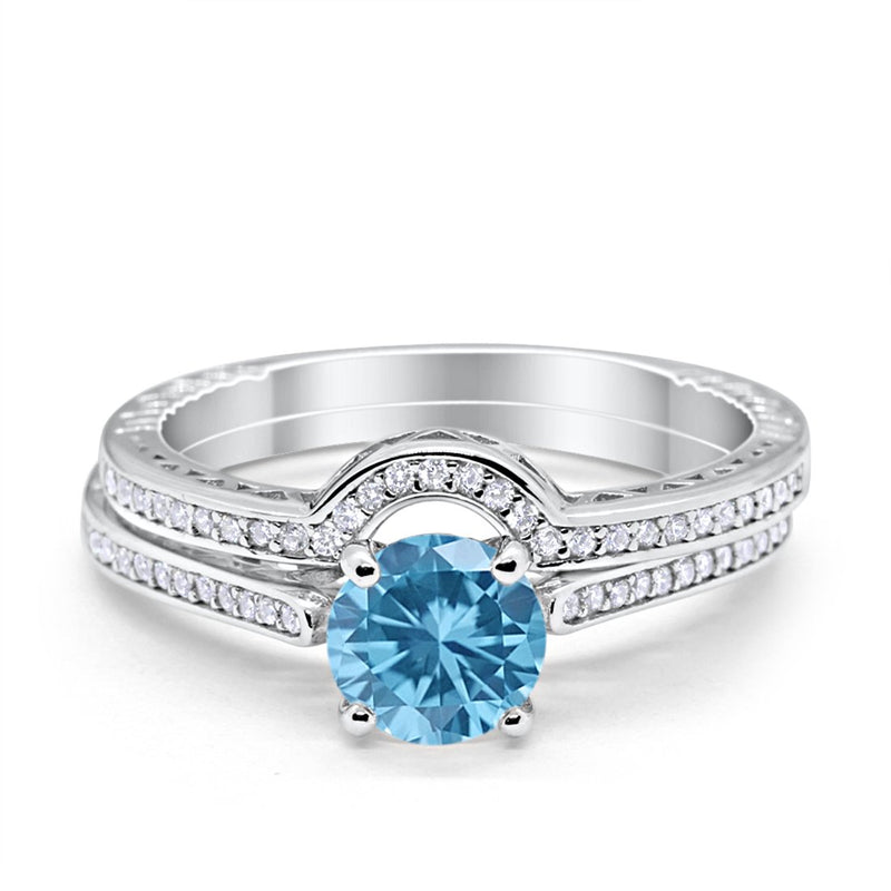 Filigree Two Piece Wedding Engagement Ring Art Deco Bridal Set Round Cubic Zirconia 925 Sterling Silver Choose Color