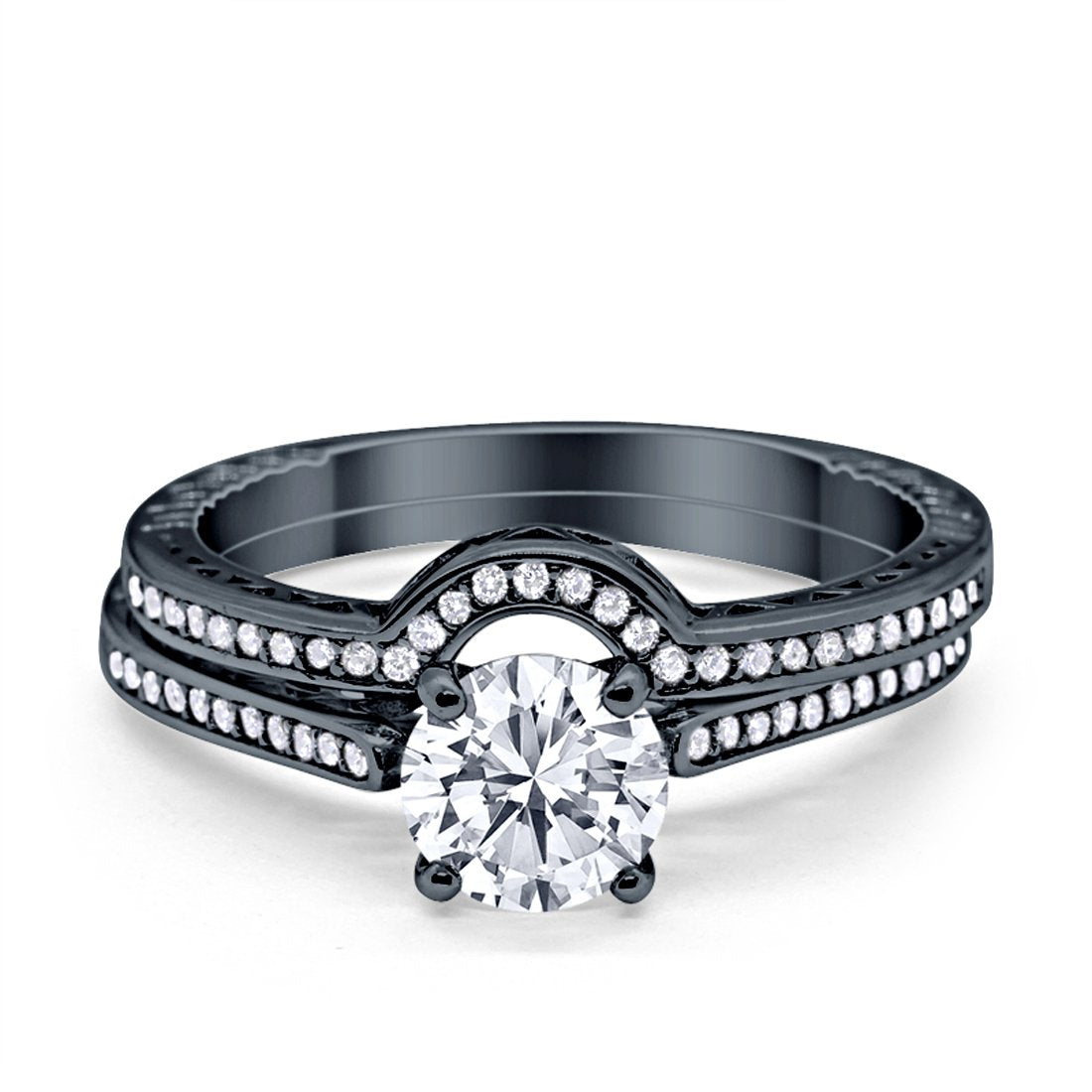 Filigree Two Piece Wedding Engagement Ring Art Deco Bridal Set Round Cubic Zirconia 925 Sterling Silver Choose Color