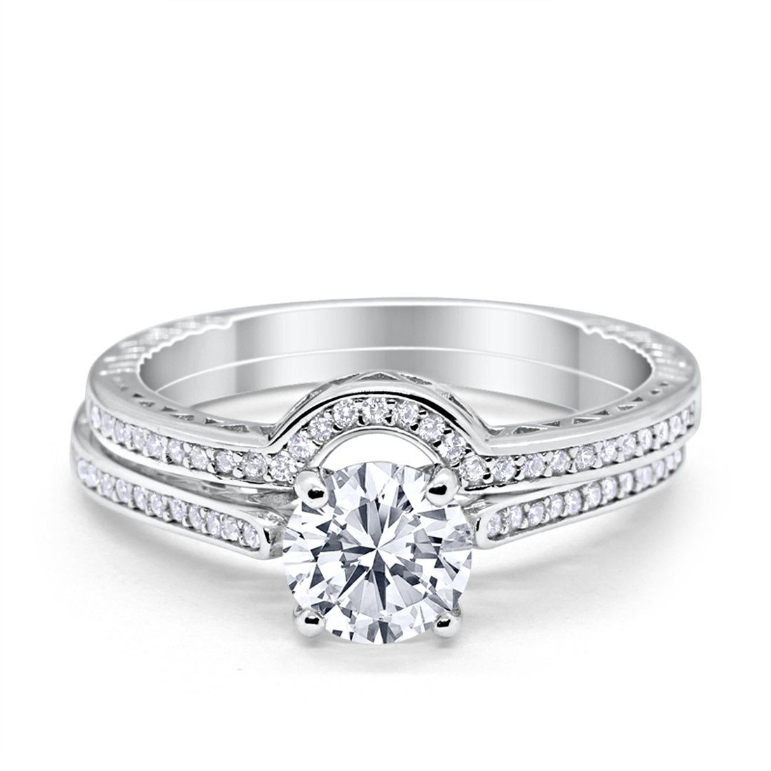 Filigree Two Piece Wedding Engagement Ring Art Deco Bridal Set Round Cubic Zirconia 925 Sterling Silver Choose Color