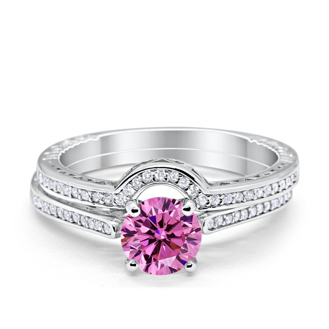 Filigree Two Piece Wedding Engagement Ring Art Deco Bridal Set Round Cubic Zirconia 925 Sterling Silver Choose Color