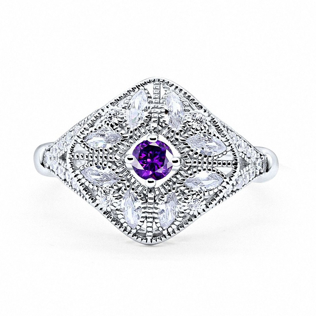 Art Deco Ring Marquise Filigree Round Cubic Zirconia 925 Sterling Silver Choose Color