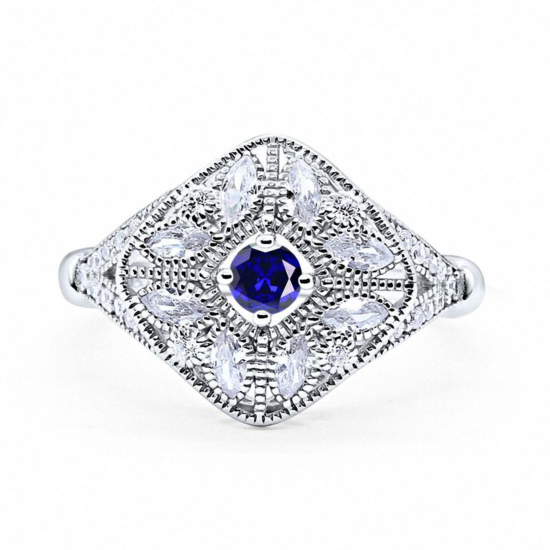 Art Deco Ring Marquise Filigree Round Cubic Zirconia 925 Sterling Silver Choose Color