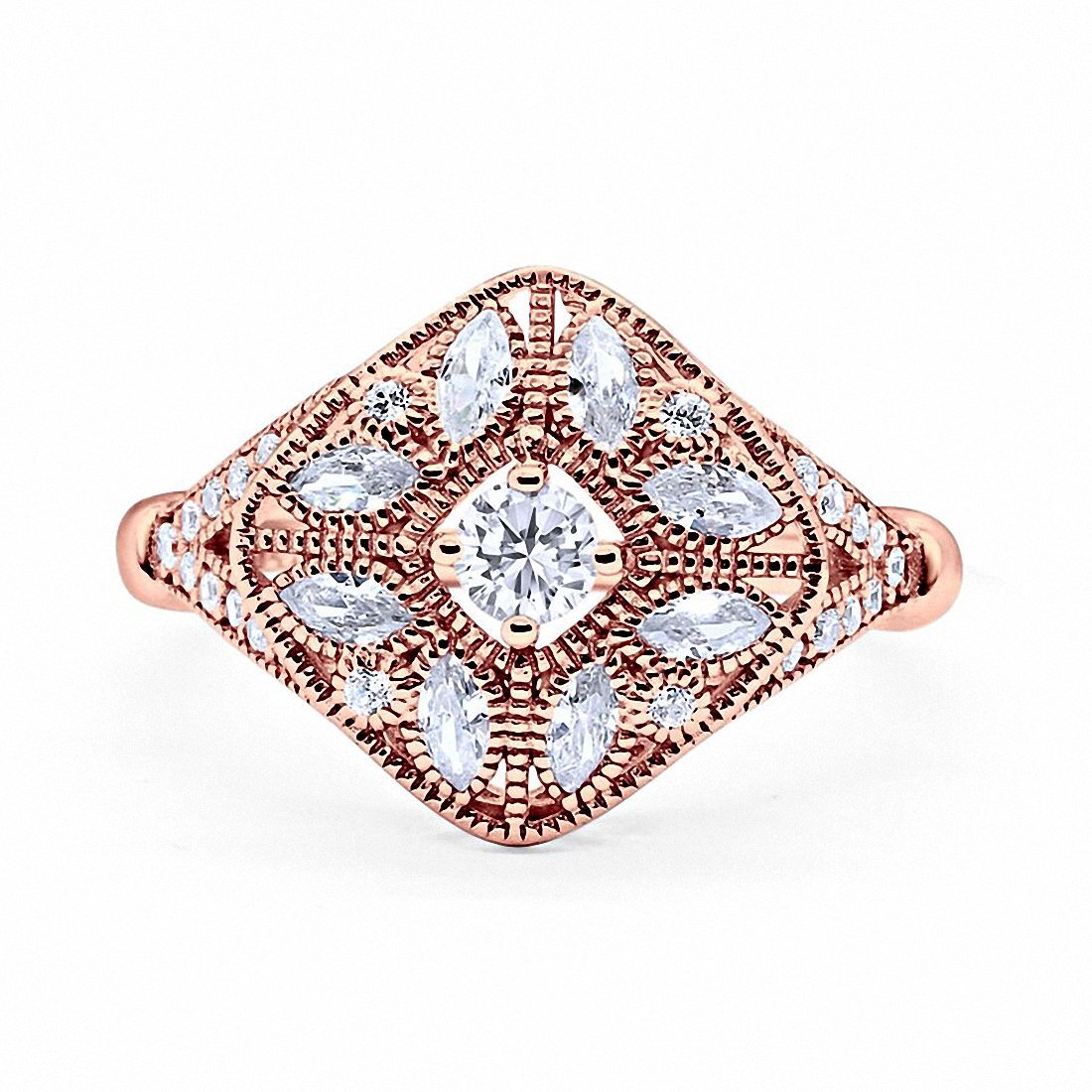 Art Deco Ring Marquise Filigree Round Cubic Zirconia 925 Sterling Silver Choose Color