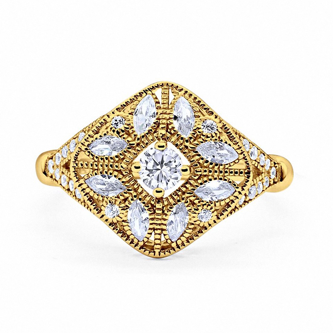 Art Deco Ring Marquise Filigree Round Cubic Zirconia 925 Sterling Silver Choose Color