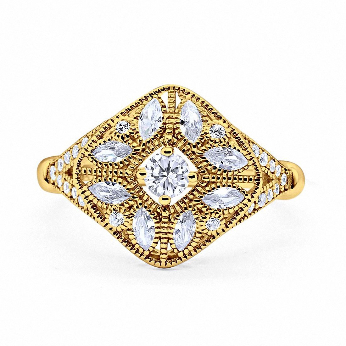 Art Deco Ring Marquise Filigree Round Cubic Zirconia 925 Sterling Silver Choose Color