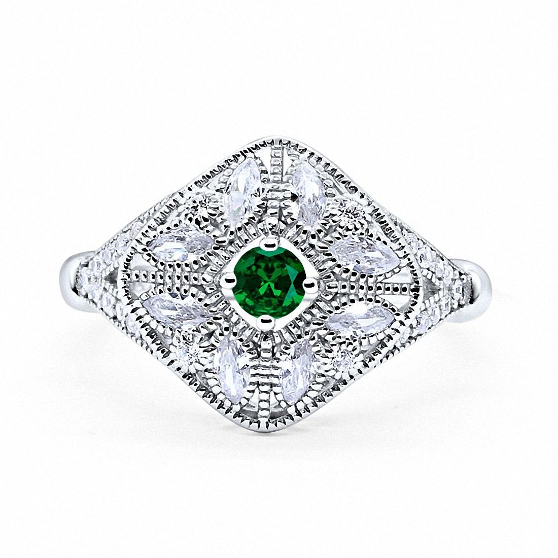 Art Deco Ring Marquise Filigree Round Cubic Zirconia 925 Sterling Silver Choose Color