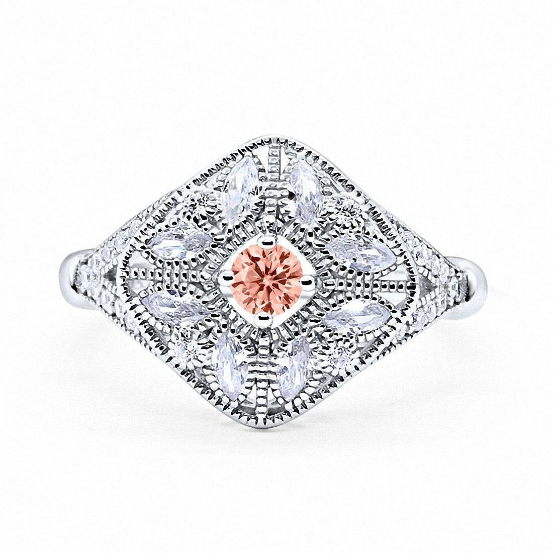 Art Deco Ring Marquise Filigree Round Cubic Zirconia 925 Sterling Silver Choose Color