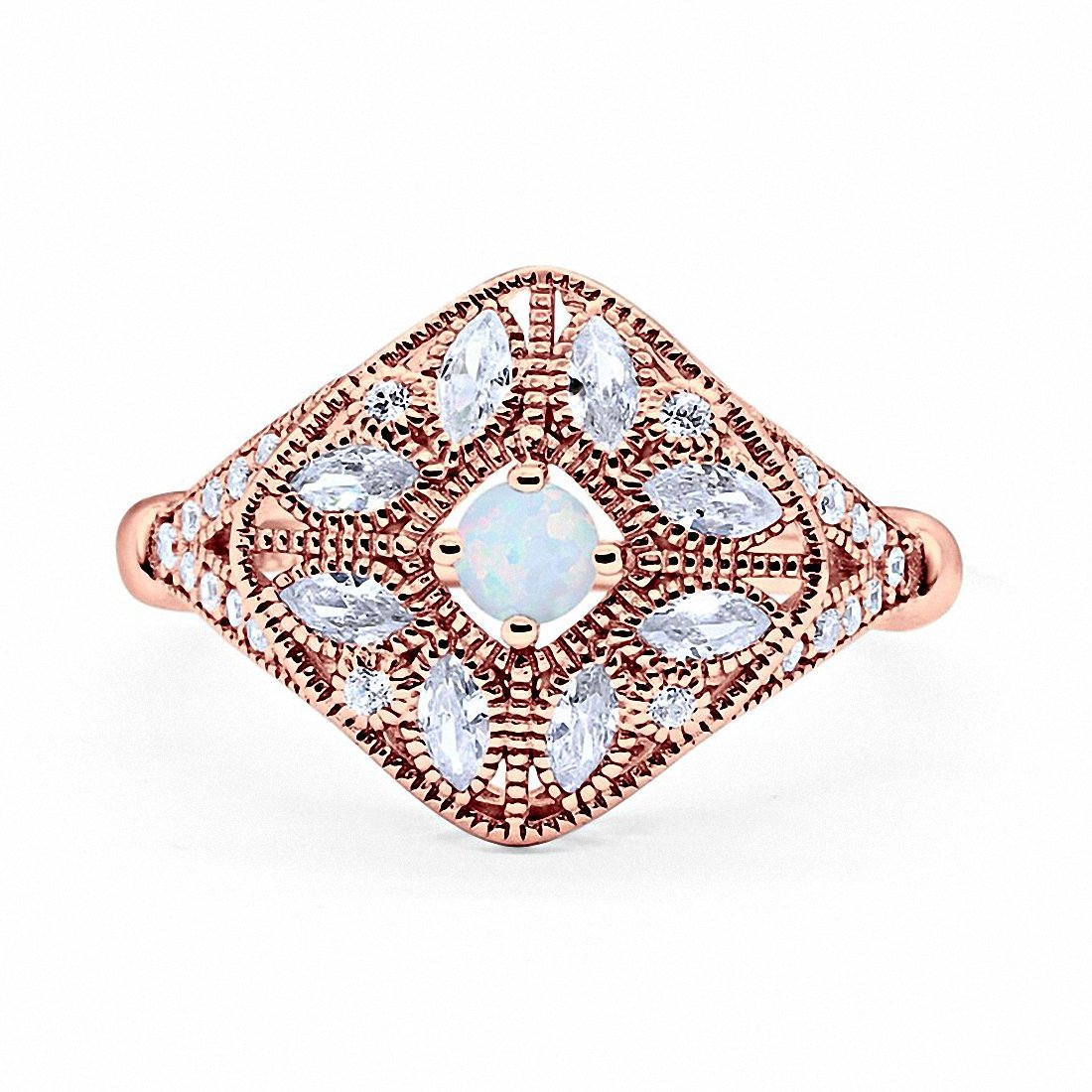 Art Deco Ring Marquise Filigree Round Cubic Zirconia 925 Sterling Silver Choose Color