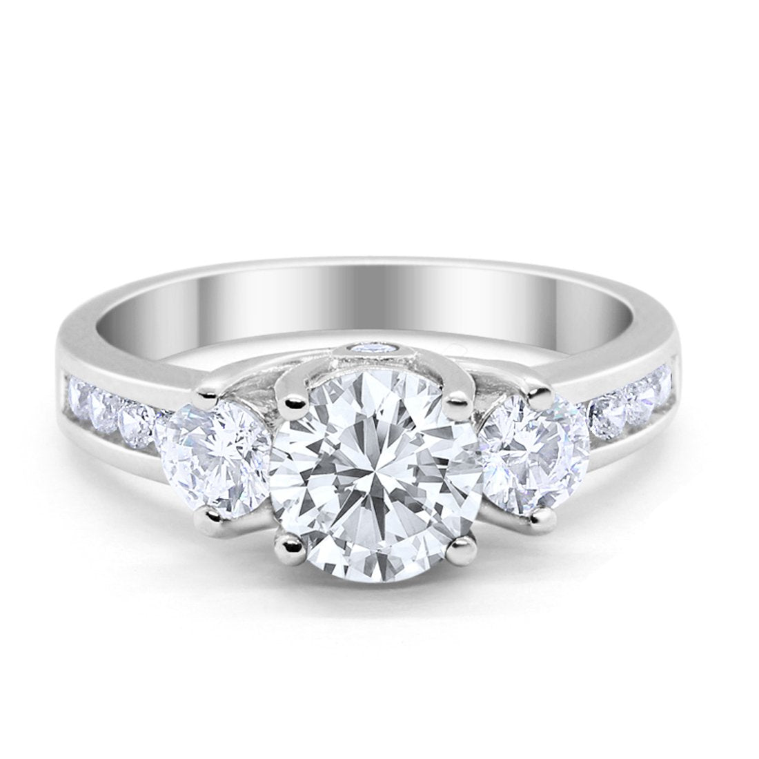 Three Stone Wedding Ring Round Simulated Cubic Zirconia 925 Sterling Silver