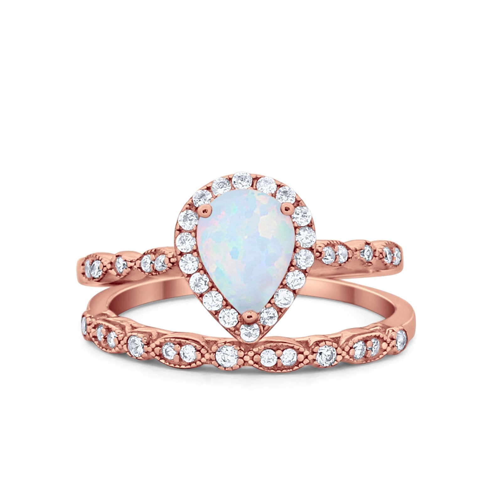 Teardrop Art Deco Bridal Set Wedding Ring Band Pear Cubic Zirconia 925 Sterling Silver