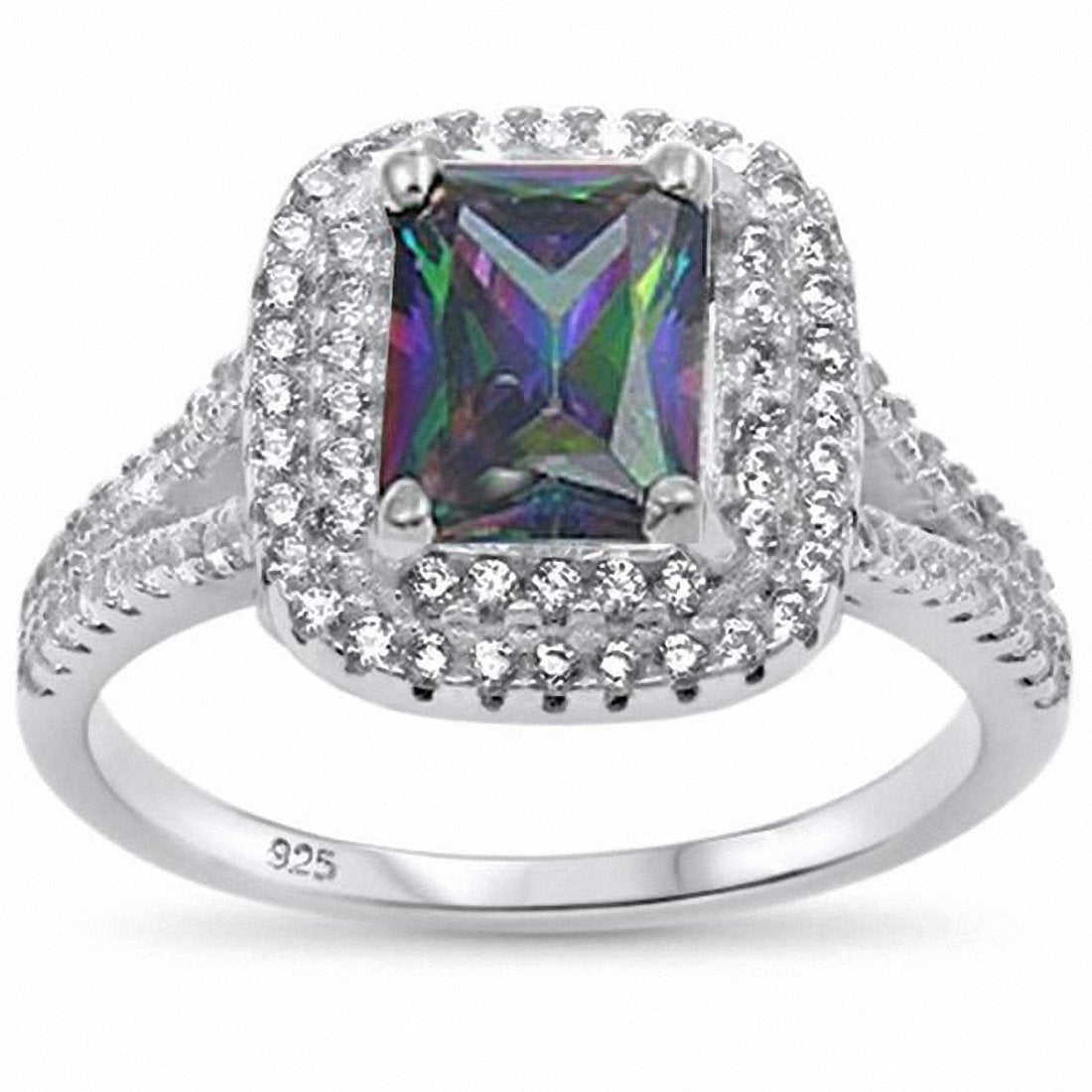 Double Halo Split Shank Radiant Engagement Ring Simulated Stone 925 Sterling Silver