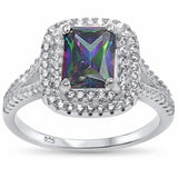 Double Halo Split Shank Radiant Engagement Ring Simulated Stone 925 Sterling Silver