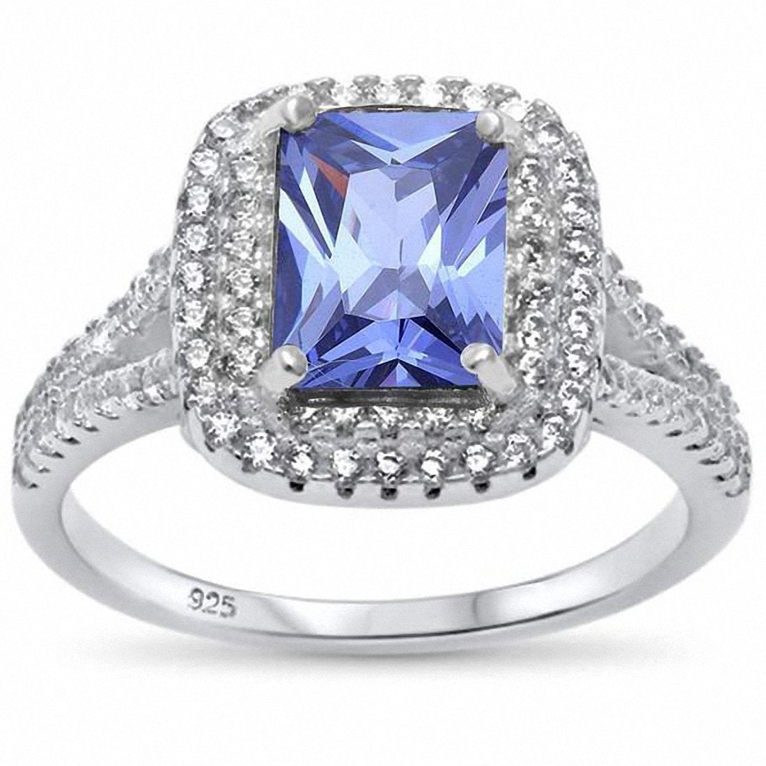 Double Halo Split Shank Radiant Engagement Ring Simulated Stone 925 Sterling Silver
