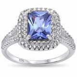 Double Halo Split Shank Radiant Engagement Ring Simulated Stone 925 Sterling Silver