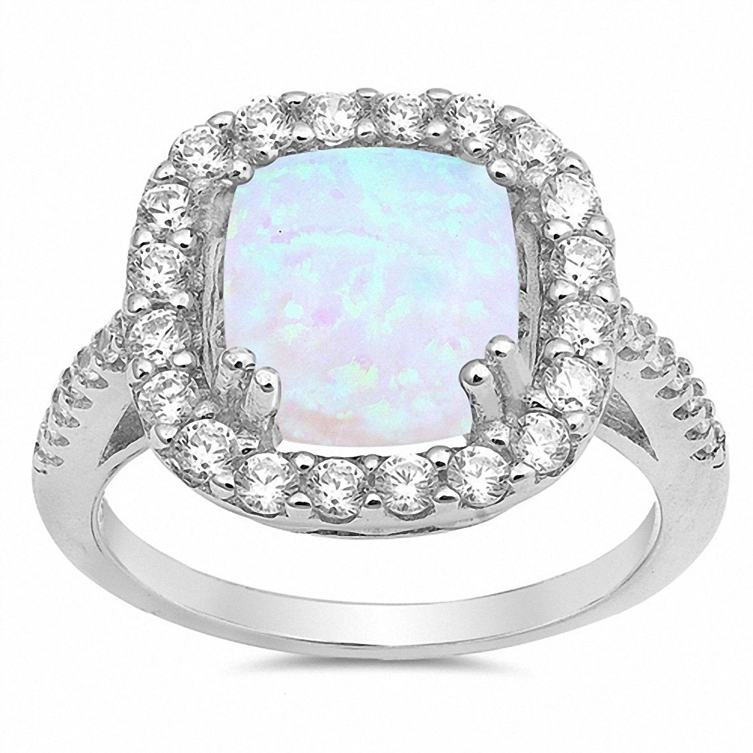 Halo Ring Princess Cut Created Opal Round Cubic Zirconia 925 Sterling Silver