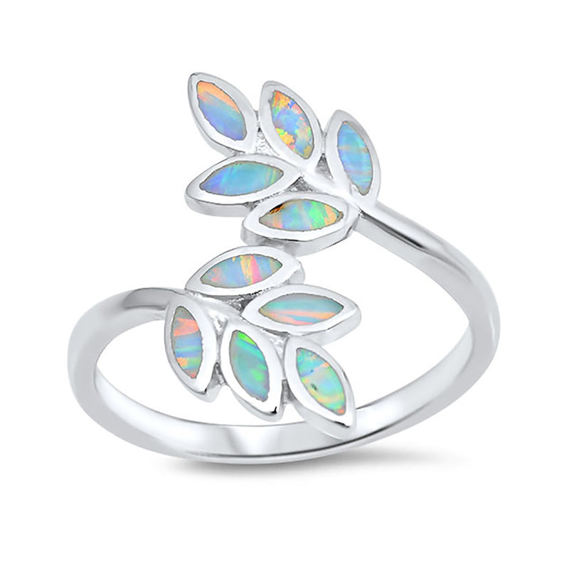 Trendy Fashion Leaf Ring Lab Created Opal 925 Sterling Silver Leaves Choose Color - Blue Apple Jewelry