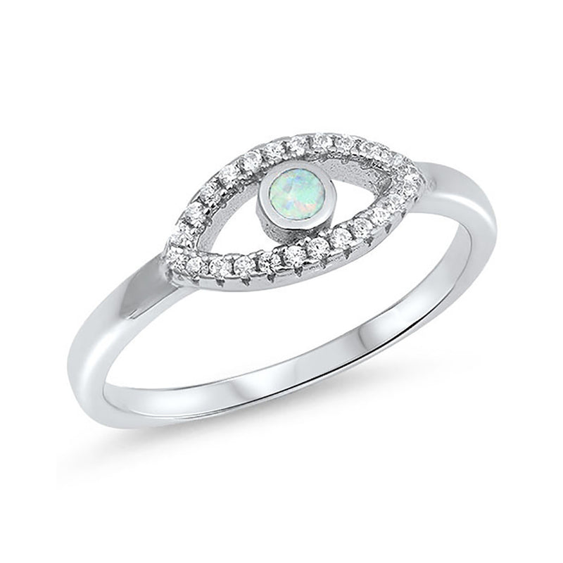 Evil Eye Ring Round Lab Created Opal Round Cubic Zirconia 925 Sterling Silver Choose Color - Blue Apple Jewelry