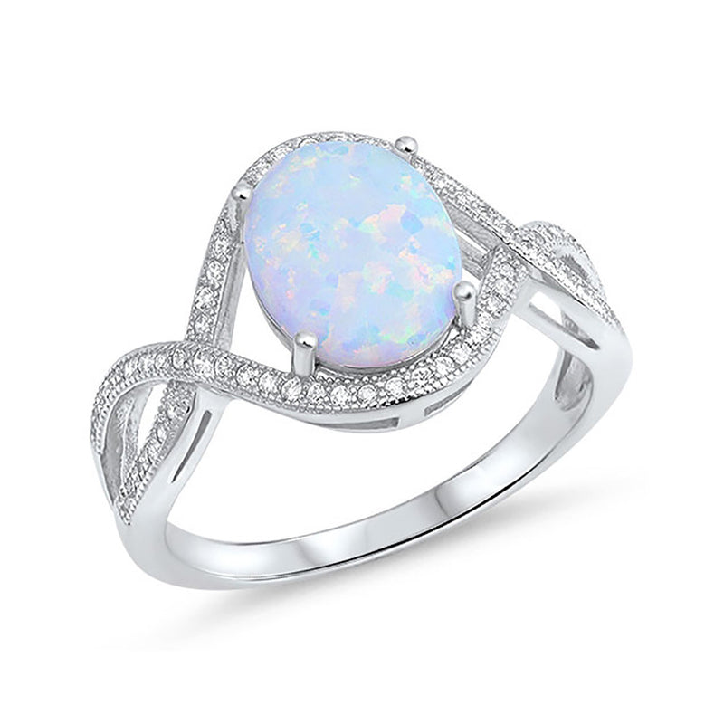 Halo Infinity Shank Fashion Ring Oval Created Opal Round CZ 925 Sterling Silver Choose Color - Blue Apple Jewelry