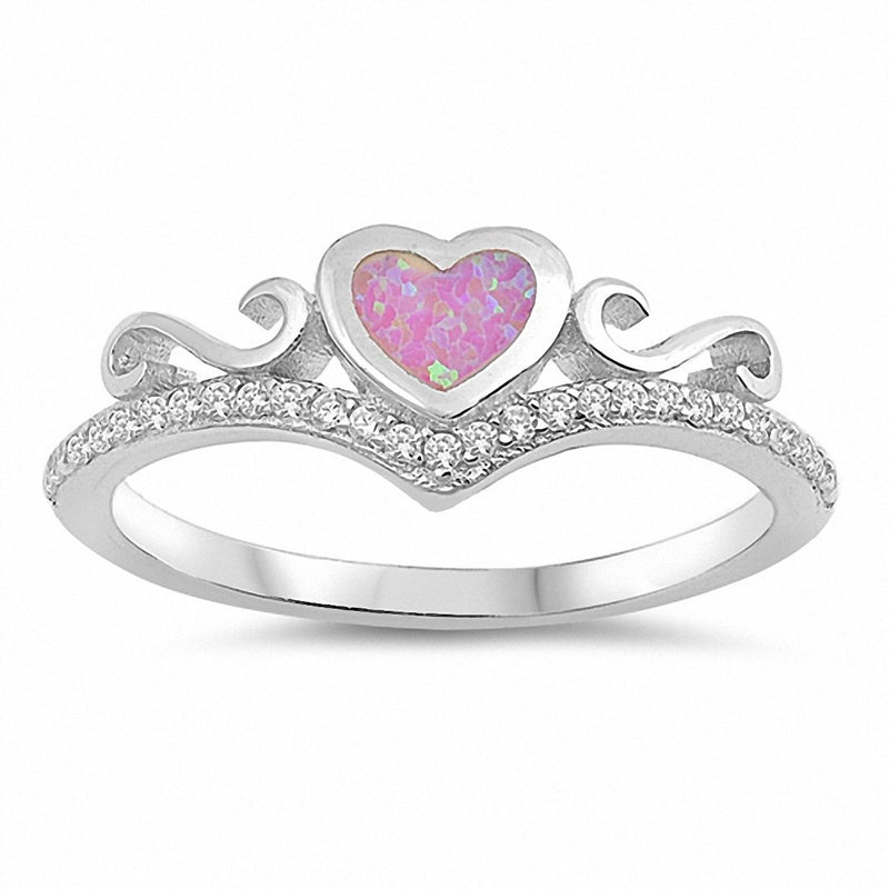 Filigree Swirl Heart Crown Chevron V Ring Created Opal Round Cubic Zirconia 925 Sterling Silver Choose Color