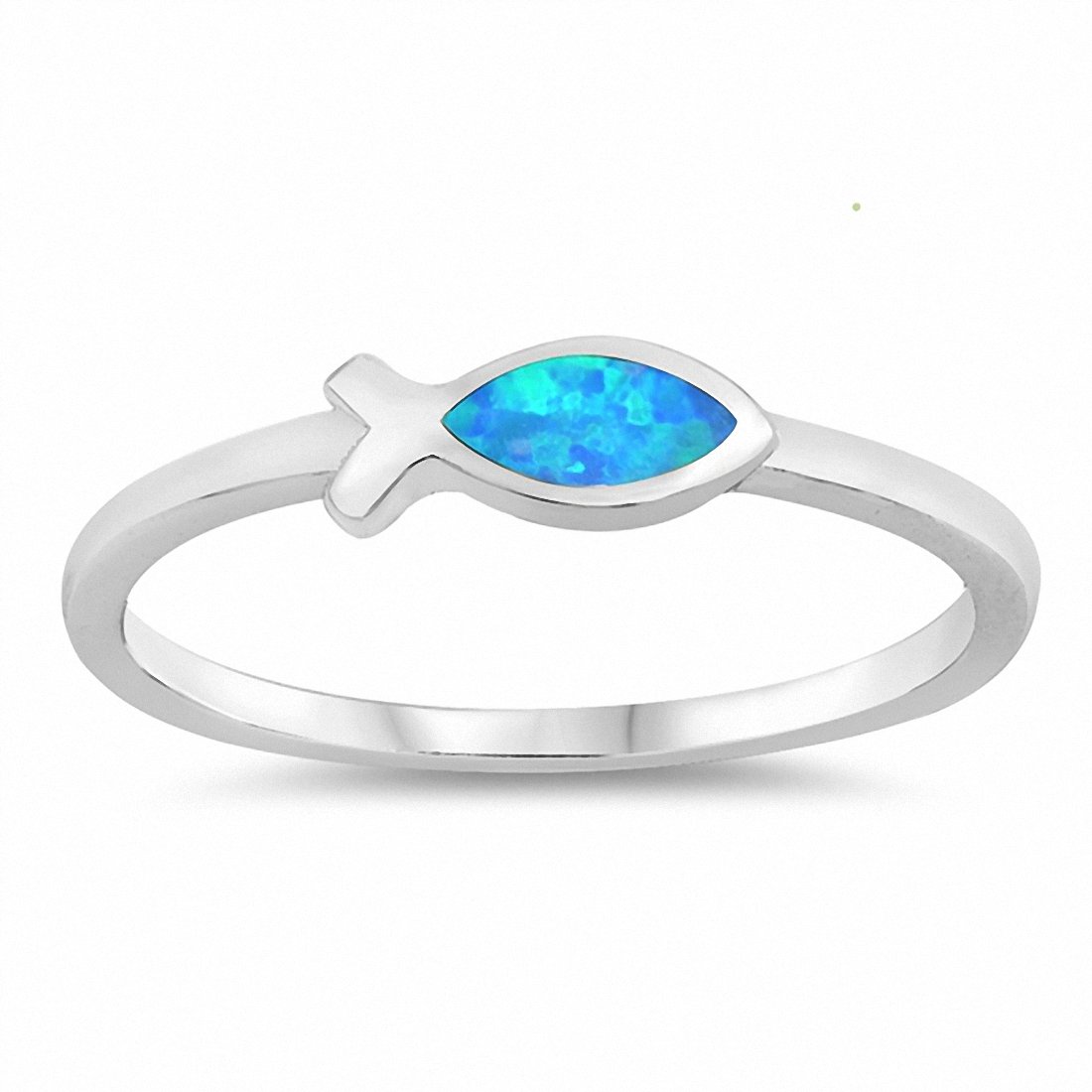 Religious Christian Fish Ring Created Opal 925 Sterling Silver Choose Color