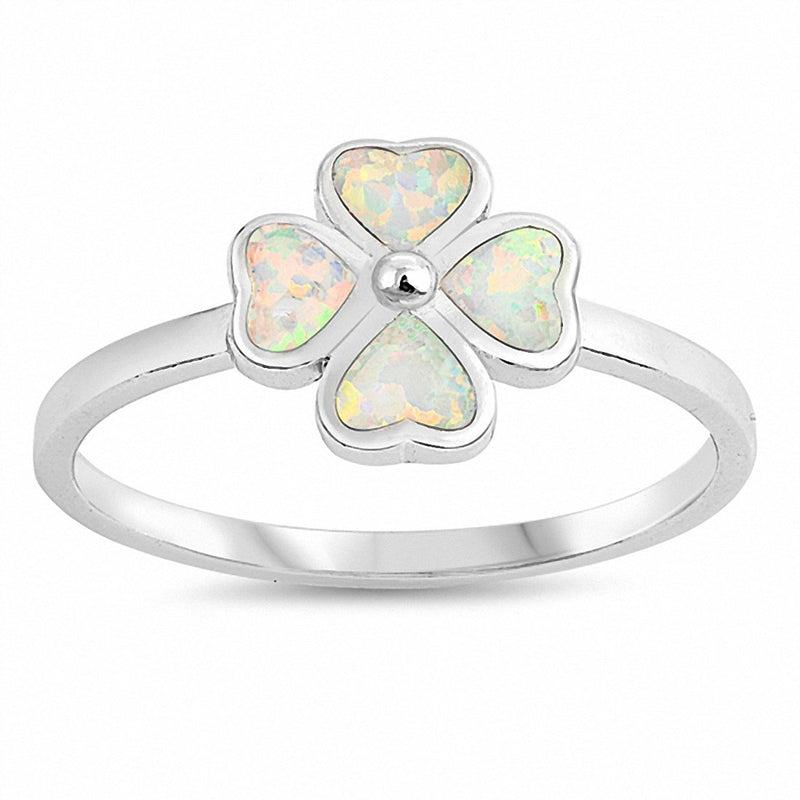 Clover Leaf Plumeria Ring Created Opal 925 Sterling Silver