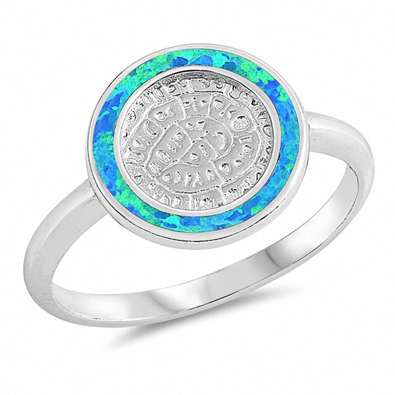 Ancient Writing Round Created Opal 925 Sterling Silver