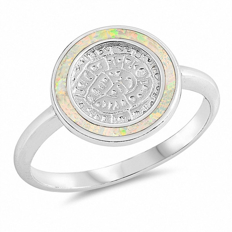 Ancient Writing Round Created Opal 925 Sterling Silver