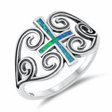 Filigree Swirl Cross Ring Lab Created Blue Opal 925 Sterling Silver