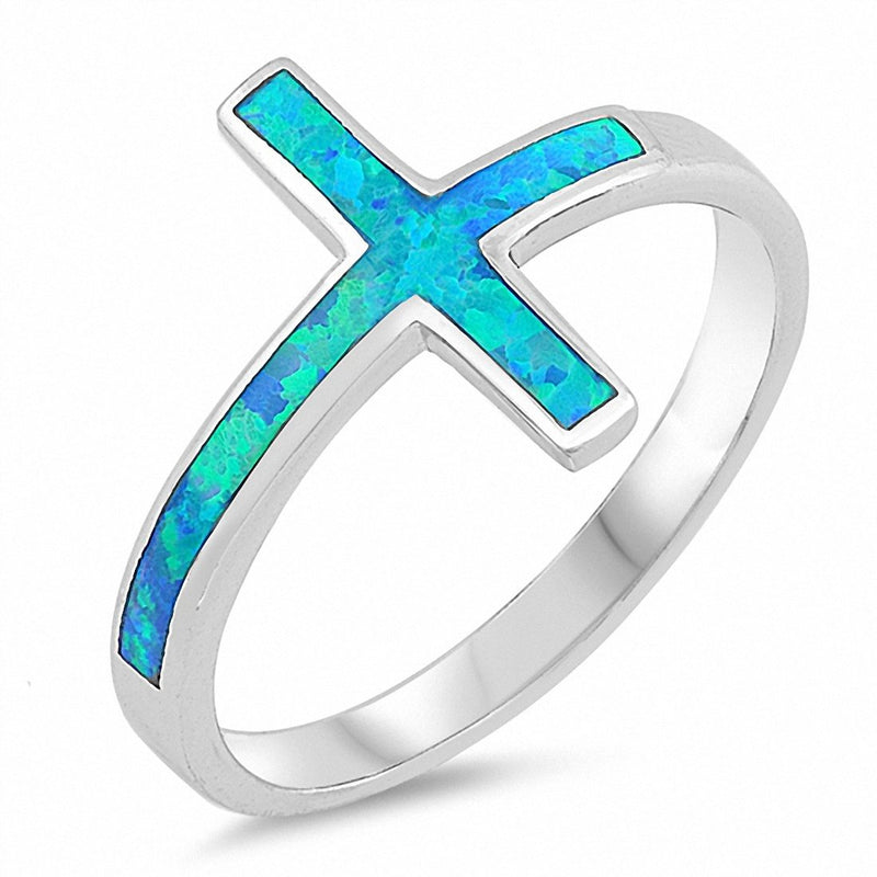 Sideways Cross Ring Lab Created Opal 925 Sterling Silver