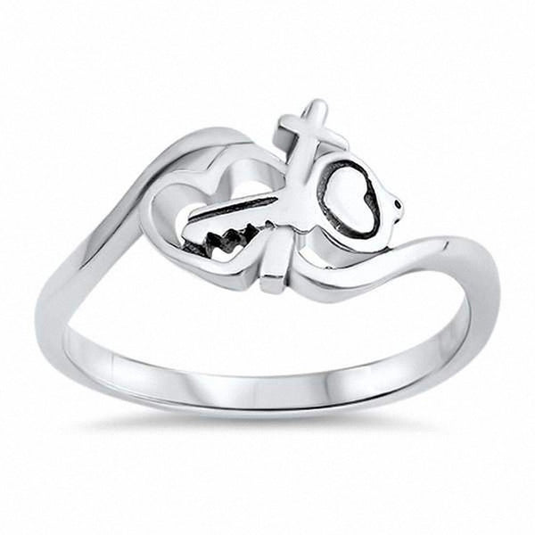 Heart Cross Key Ring Band Solid 925 Sterling Silver Choose Color
