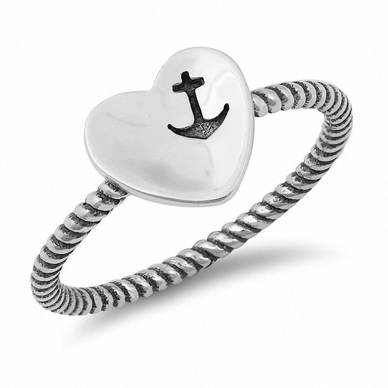 Heart Ring Oxidized Design Anchor Solid 925 Sterling Silver Choose Color