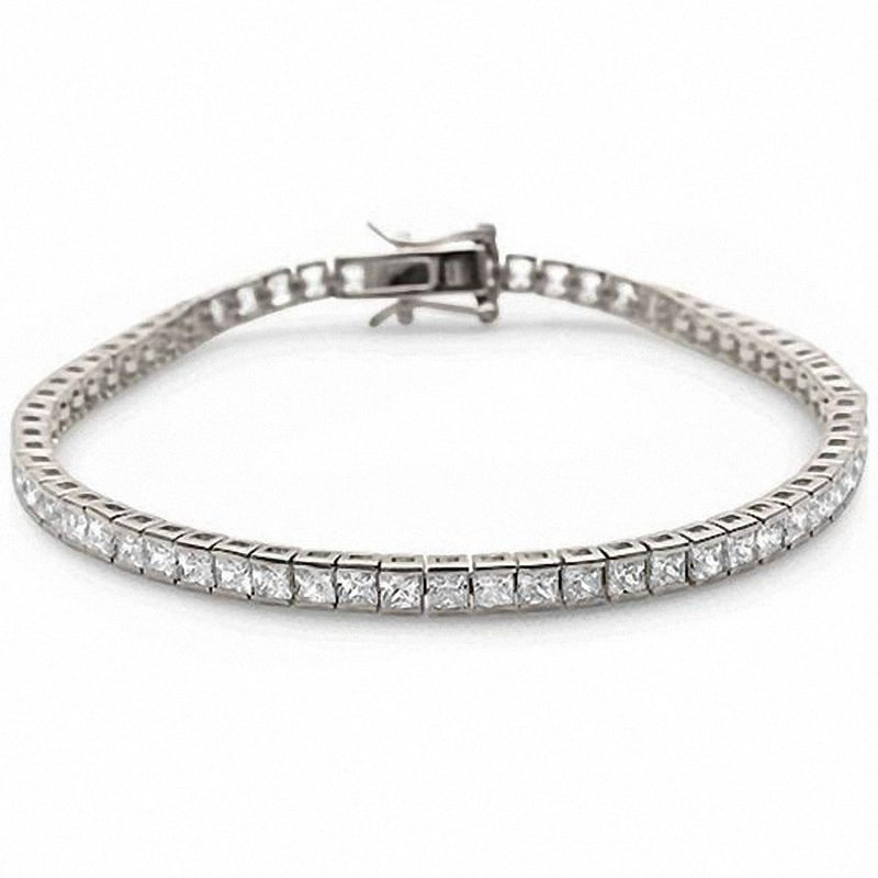Half Bezel Tennis Bracelet Princess Cut Square Cubic Zirconia 925 Sterling Silver